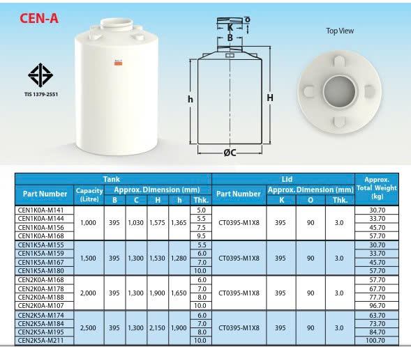 Bồn nhựa PE, HDPE Tema Pakco Loại 2500 lít đến 10.000 lít – CEN2K5B / CEN4K0A / CEN6K0A / CEN10K0A